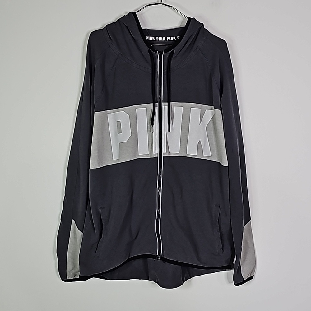 Pink Victoria's secret large gray and white zip up hoodie